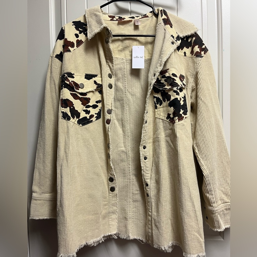 Pieced Corduroy Shacket w/ cow print details